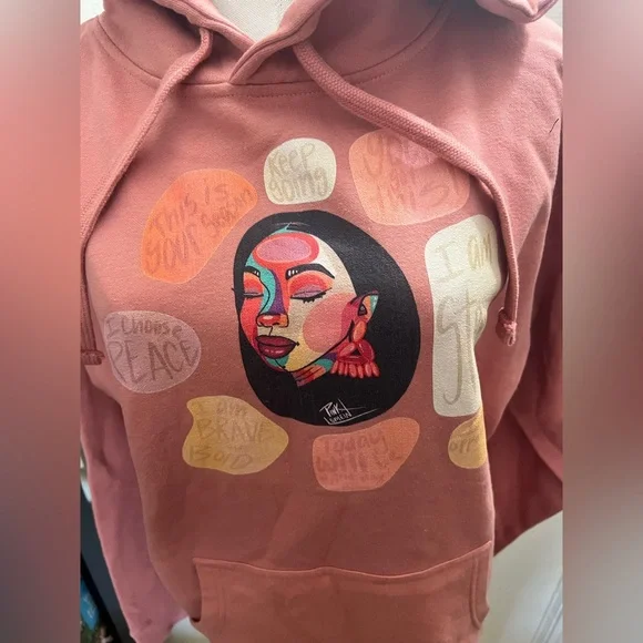 NWOT Pink Lomein Rust Pink Graphic Hoodie Sweatshirt with Artistic Face Print - Picture 2 of 6
